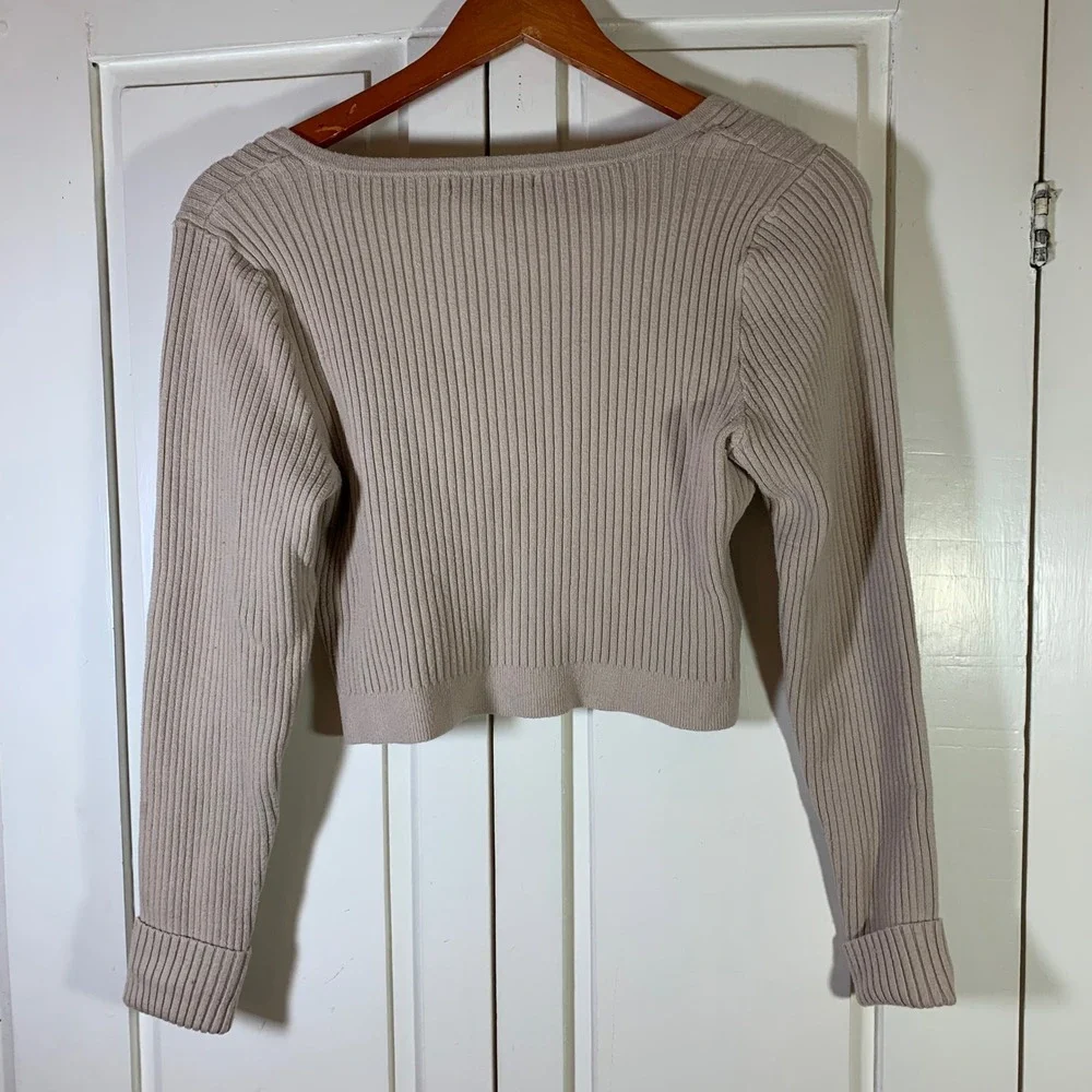 Abercrombie Fitch Ribbed Square Neck Crop Cardigan Beige Button Up Womens Medium